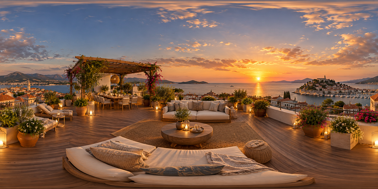 Dachterrasse mit Meerblick im Sonnenuntergang